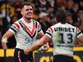 Angus Crichton's two first half tries sent the Roosters toward their powerful win over Brisbane. (Jono Searle/AAP PHOTOS)