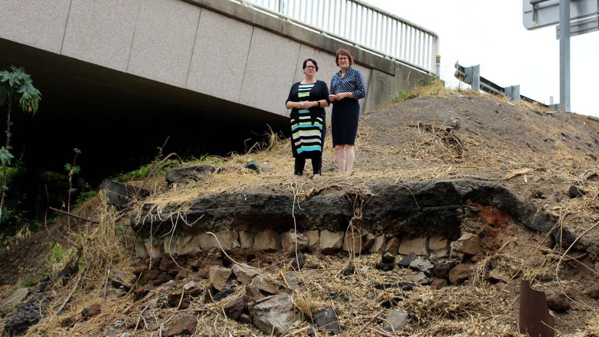 Member for Macquarie Susan Templeman, right, stands with NSW Labor's Penny Sharpe, above the cross section of the Telford-style road at South Creek Until recently, it was covered by shrubbery. Picture: Supplied