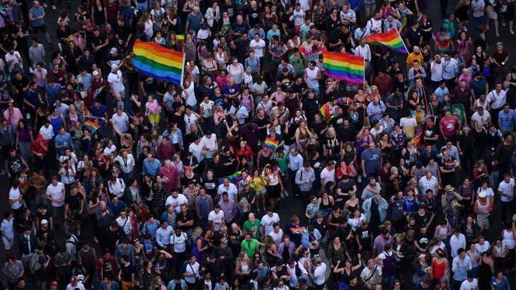 Supporters for the YES vote for marriage equality march down Oxford St from Taylor Square in Darlinghurst. Photo: Wolter Peeters, The Sydney Morning Herald. .
