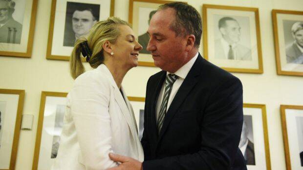 Deputy Prime Minister Barnaby Joyce congratulates the Nationals deputy leader Bridget McKenzie last week. Photo: Nick Moir