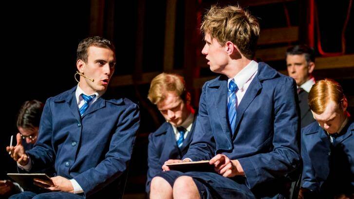 In <i>Spring Awakening</i>: Callum Bodman, left, as Melchior and Pip Carroll as Moritz in the foreground (in the background from left, ) Daniel Steer as Georg, Liam Downing as Otto, David Cannell as Adult Man and Jake Willis as Ernst). Photo: Janelle McMenamin