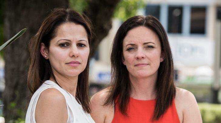Domestic violence campaigner Angela Zena Hadchiti, left, and Labor MP Emma Husar are calling for alleged domestic violence perpetrators to be banned from cross-examining victims in court. Photo: Wolter Peeters