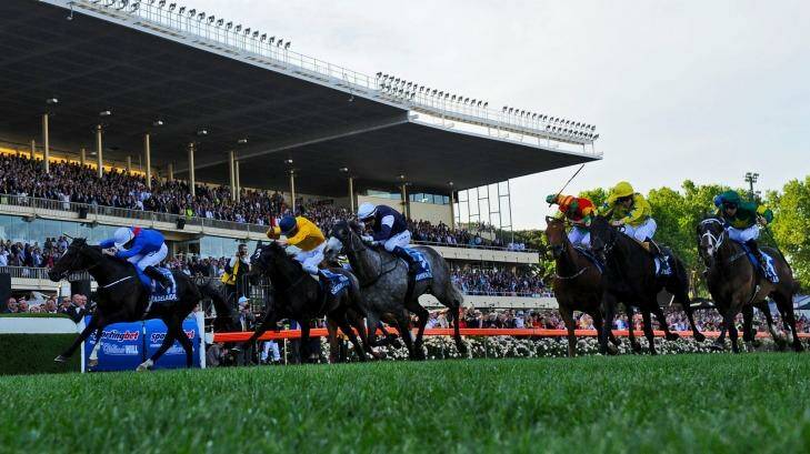 Whips are out: Adelaide, far left, wins the Cox Plate. Photo: Vince Caligiuri