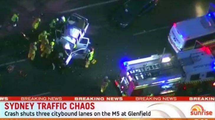 The early morning crash has caused significant delays for drivers on the Hume Highway.  Photo: Sunrise, Channel Seven 