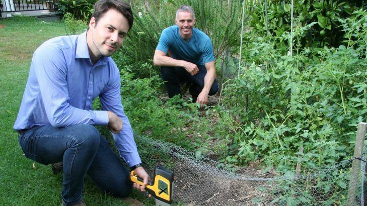Health risk: Marek Rouillon (left) and Professor Mark Taylor test lead concentration in garden soil. Photo: Macquarie University
