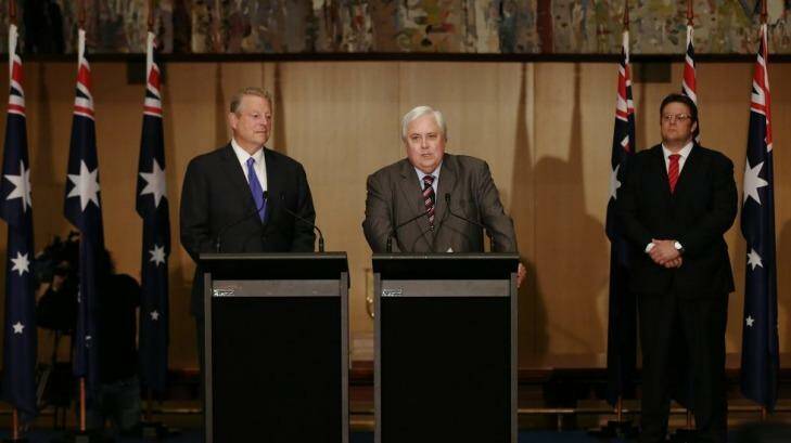 Former US Vice President Al Gore, Palmer United Party Leader Clive Palmer and incoming PUP Senator Glenn Lazarus deliver statements to the media during their joint press conference in the Great Hall at Parliament House. Photo: Alex Ellinghausen