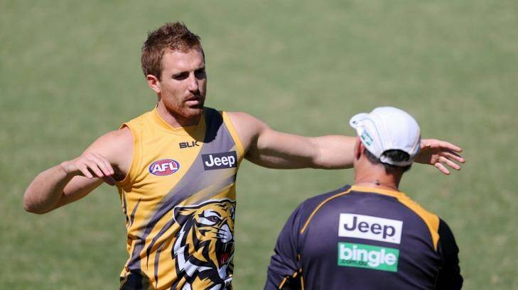Tiger in waiting: Richmond’s Daniel Jackson receives instructions at training on Tuesday.  Photo: Pat Scala