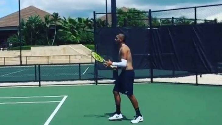 Kyrgios on court at Hewitt's place. Photo: Supplied