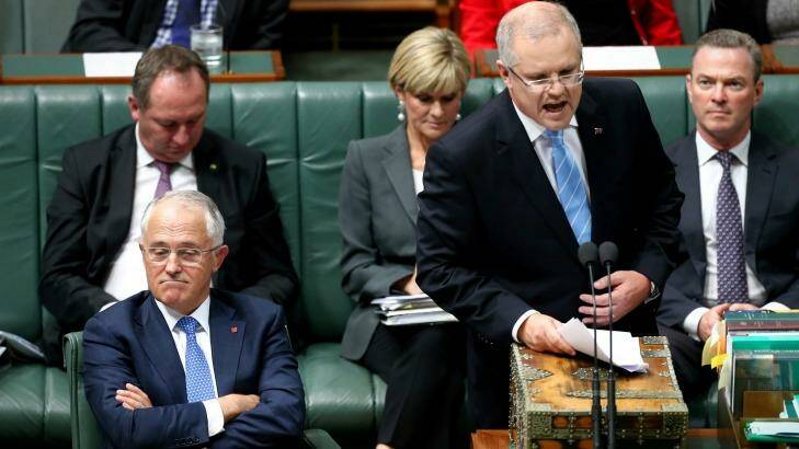 Prime Minister Malcolm Turnbull and Treasurer Scott Morrison during a feisty question time. Photo: Alex Ellinghausen