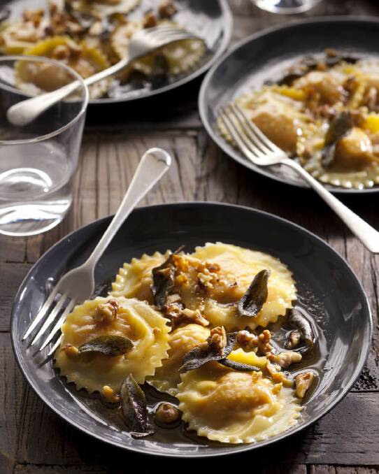Pumpkin ravioli with burnt-butter sauce <a href="http://www.goodfood.com.au/good-food/cook/recipe/pumpkin-ravioli-with-burntbutter-sauce-20120606-29ty2.html"><b>(recipe here).