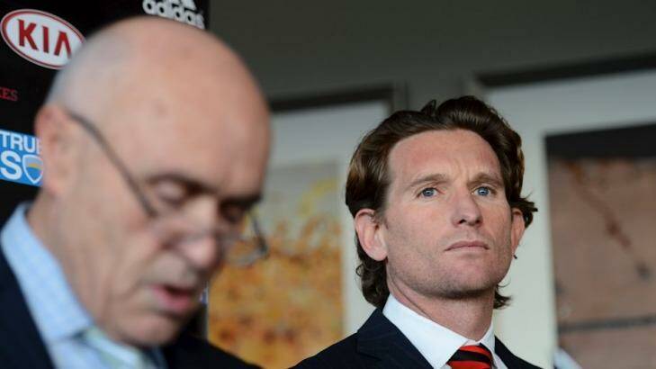 Essendon coach James Hird and Chairman Paul Little speak to the media in 2013. Photo: Pat Scala
