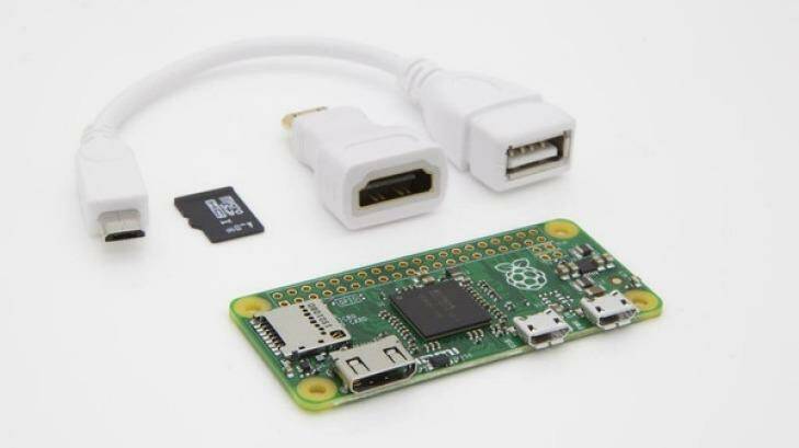 With a couple of adapters, the Pi Zero can be used with full-sized USB and HDMI devices. Photo: Raspberry Pi