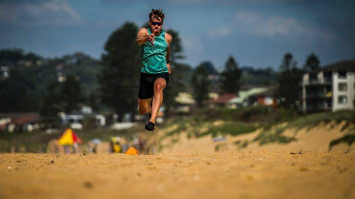 Sport. Olympic Project- Evan O'Hanlon. Canberra Times photo by Karleen Minney. Paralympic sprinter Evan O'Hanlon of Kaleen trains on the sands of Narabeen beach.