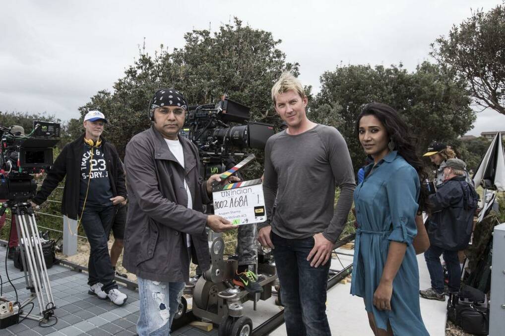 Director and producer Anupam Sharma, former cricketer Brett Lee and actress Tannishtha Chatterjee on the set of the film ' Uniindian'.  Photo: Dominic Lorrimer