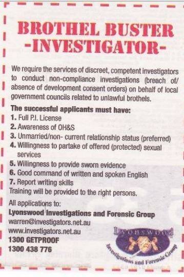 Brothel Busters, known formally as Lyonswood Investigations and Forensic Group, advertised a vacancy in MyCareer.