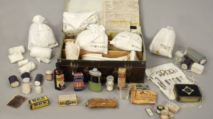 A World War II medical kit, including a bottle of acriflavine near the front left corner of the case. Photo: Australian War Memorial 