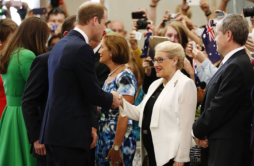 Prince William, Duke of Cambridge is greeted by the Speaker of the House of Representatives Bronwyn Bishop in the Marble Hall at Parliament House on April 24, 2014 in Canberra, Australia. Pic: Stefan Postles/Getty Images