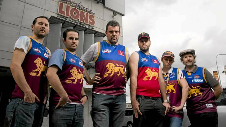 Lions fans, including Adam Staines, Sheldon Peters, James Kliemt, Phil Harsant, Kerryn Wick and Steve Ripper, fought for a return to the original Brisbane Lions guernsey. Photo: Harrison Saragossi